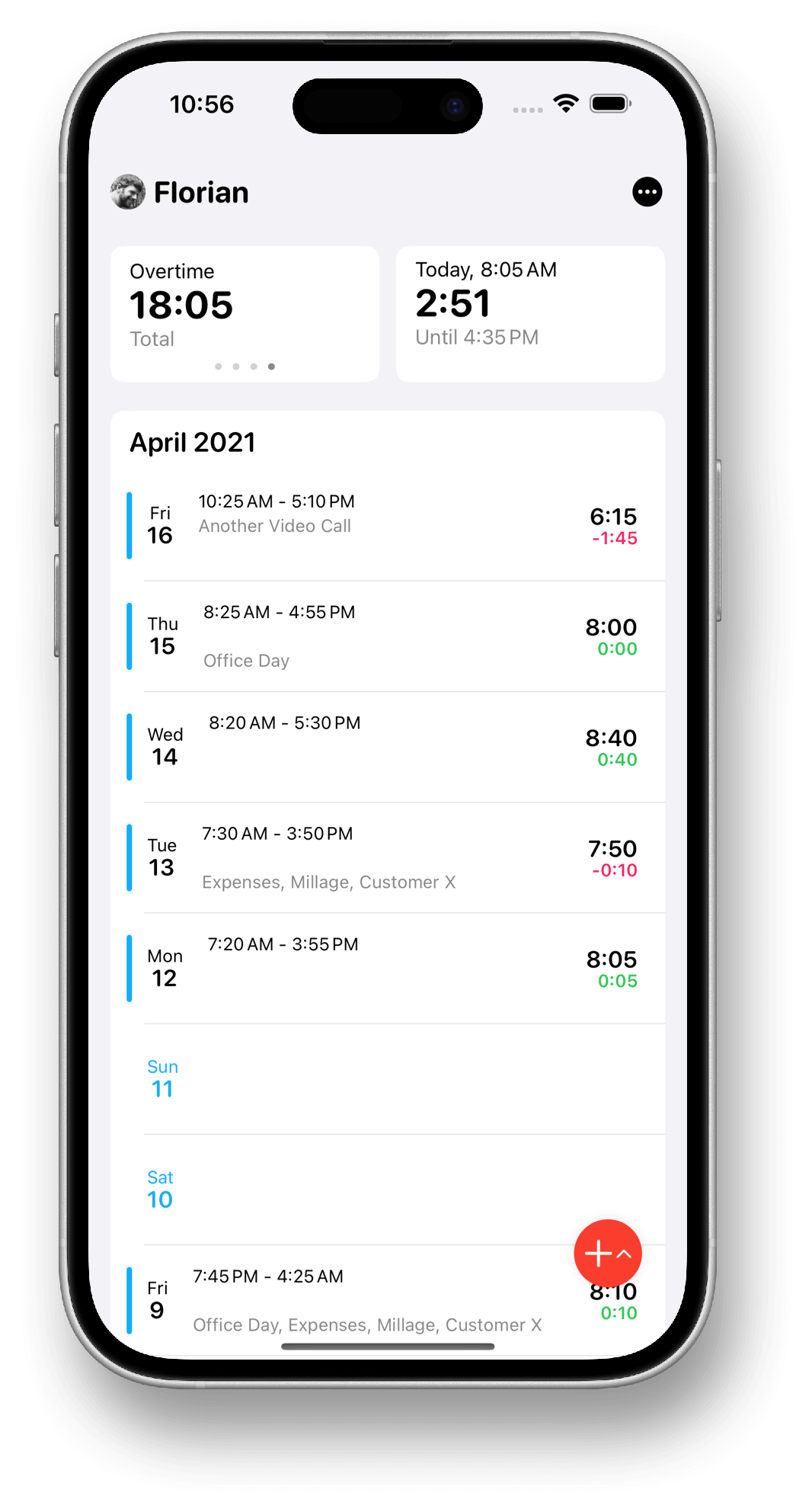 WorkTimes weekly timesheet view on iPhone